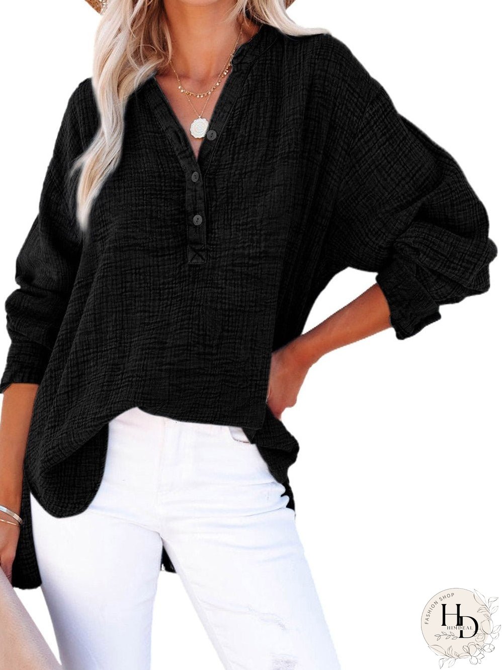 Crinkled Black Loose-fit V-Neck Henley Top