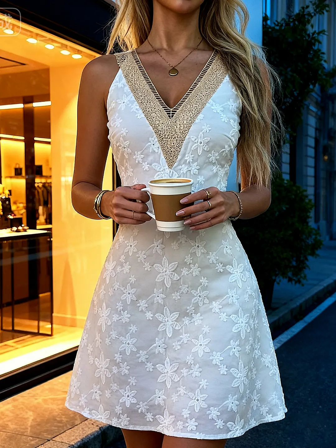 Floral Lace V Neck Sleeveless A-Line Mini Vacation Dress