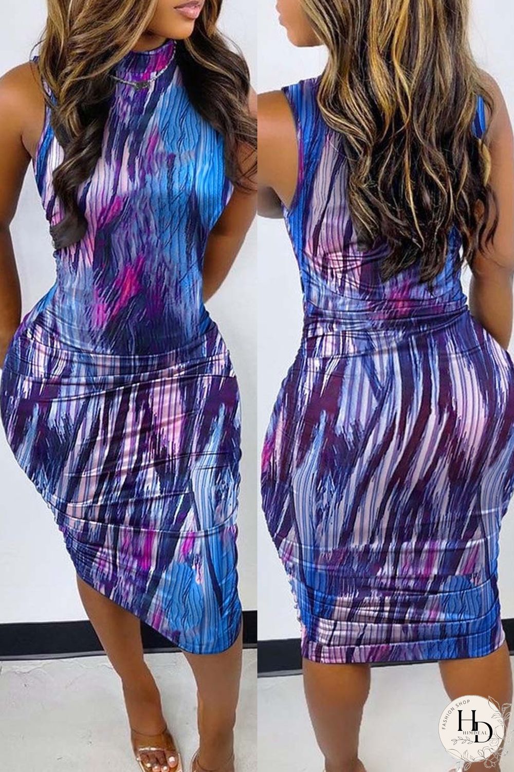 Yellow Casual Print Solid Basic O Neck Denim Dress Dresses