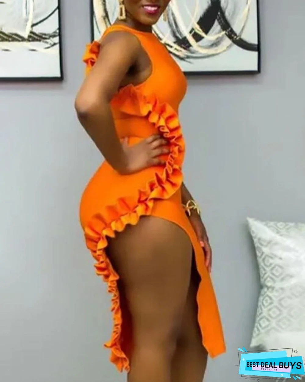 Solid Sleeveless Ruffles High Slit Dress