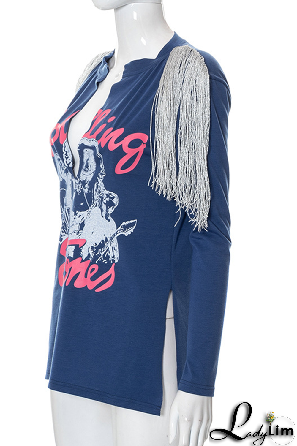Deep Blue Fashion Print Tassel V Neck Tops