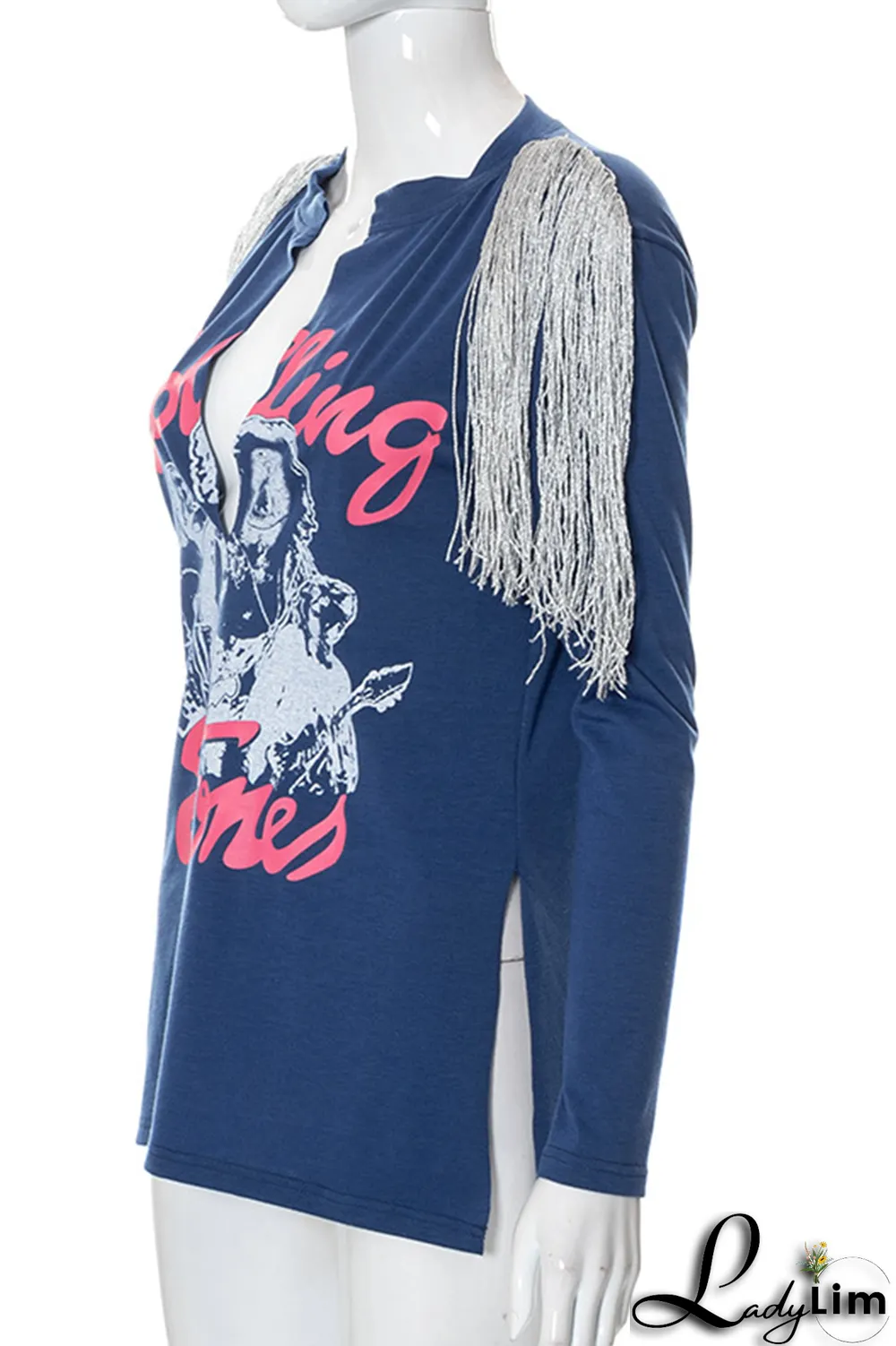 Deep Blue Fashion Print Tassel V Neck Tops