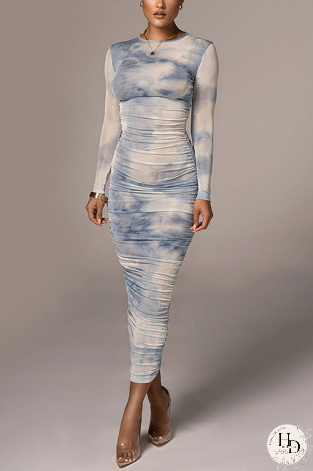 White Sexy Patchwork Tie-dye O Neck Sheath Dresses