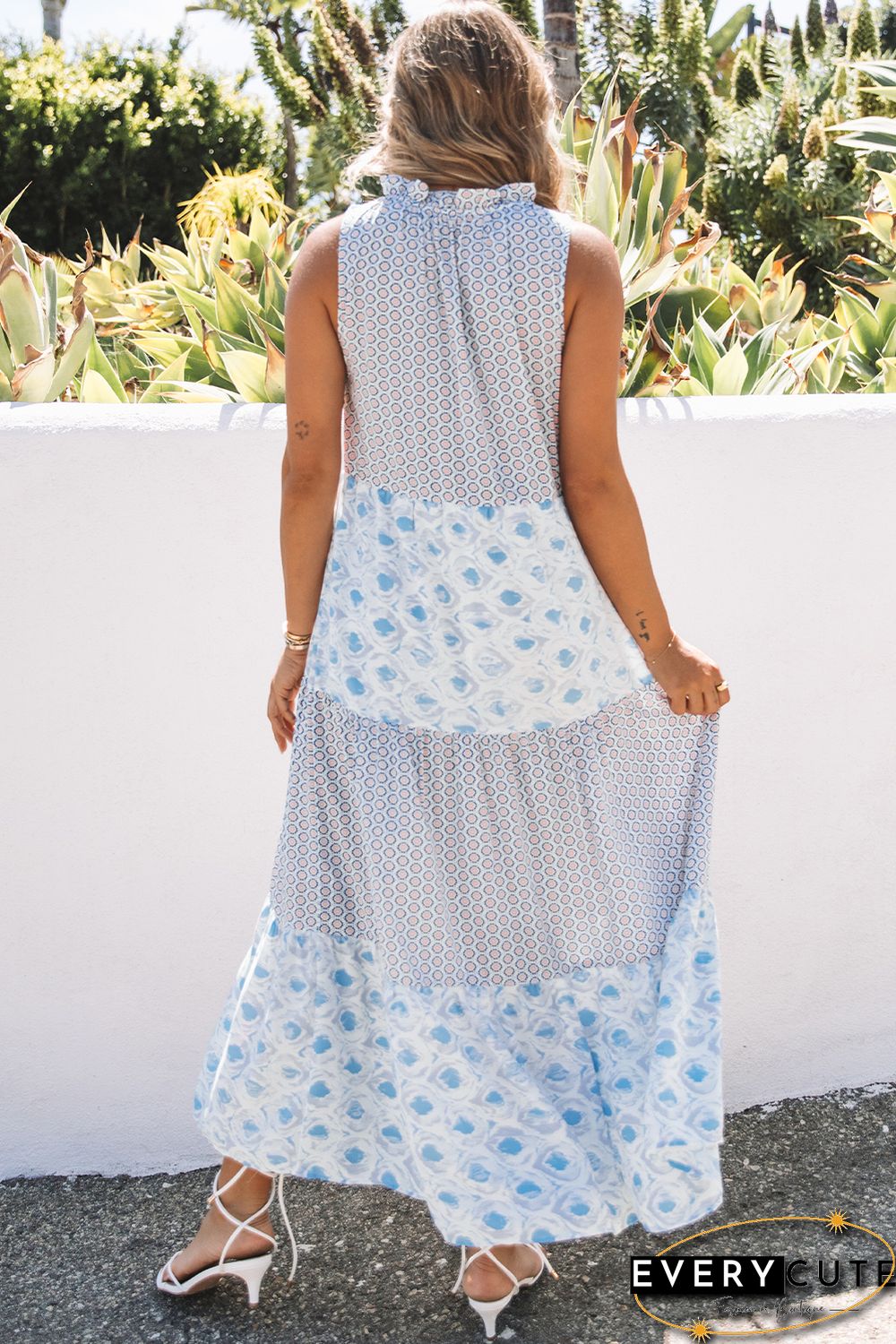 Sky Blue Abstract Print Split Neck Sleeveless Maxi Dress