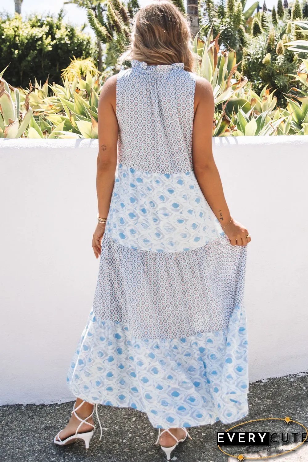 Sky Blue Abstract Print Split Neck Sleeveless Maxi Dress