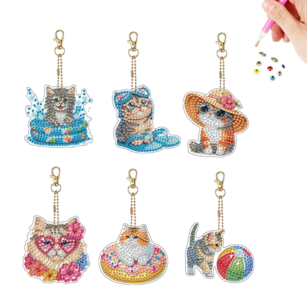 6Pcs Double Sided Special Shaped Cat DIY Diamond Painting Keychain for Adults