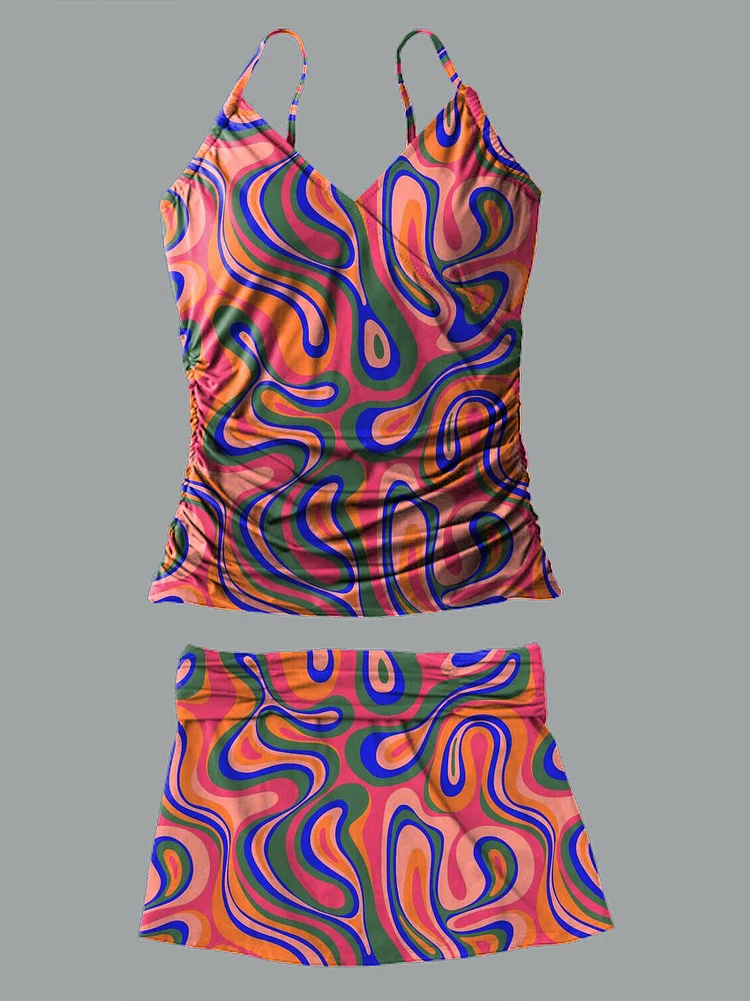 Colored Water Ripples V-Neck Vintage Flowers Print Suspender Skirt Tankini Pantskirt Set Swimsuit