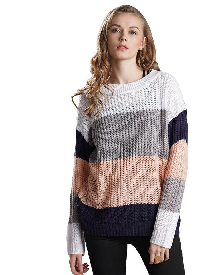 Mayoulove Casual Jumper Round Neck Striped Loose Sweater-Mayoulove