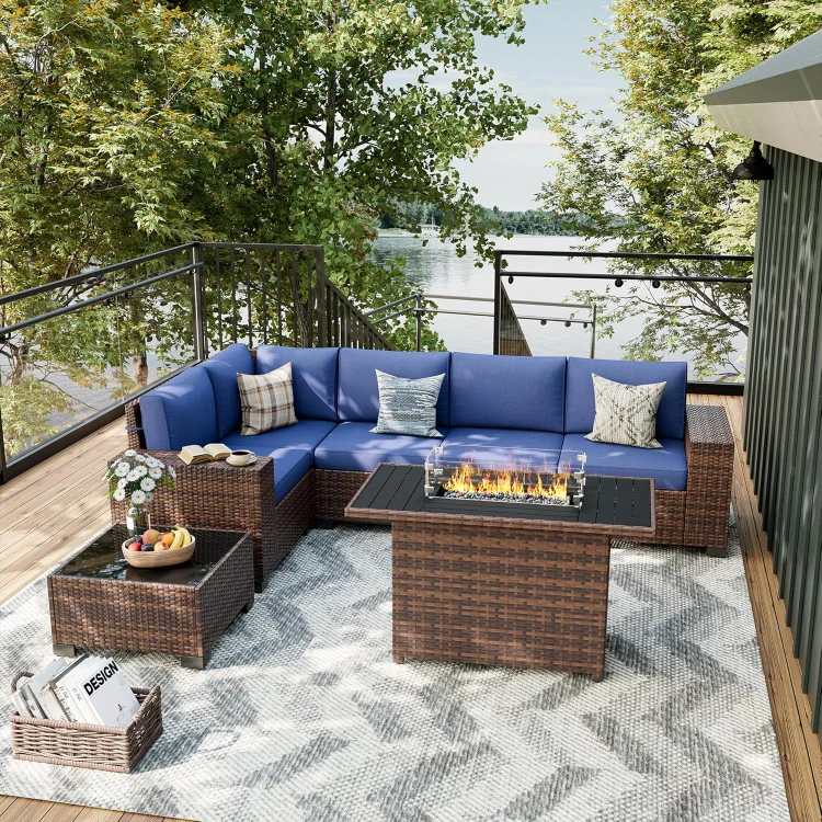 Patio Furniture Set with Fire Pit Table, 8 Inch Armrest Outdoor Sectional Sofa, 7 Piece Wicker Outdoor Furniture Conversation Sets with Waterproof Cover for Backyard Deck
