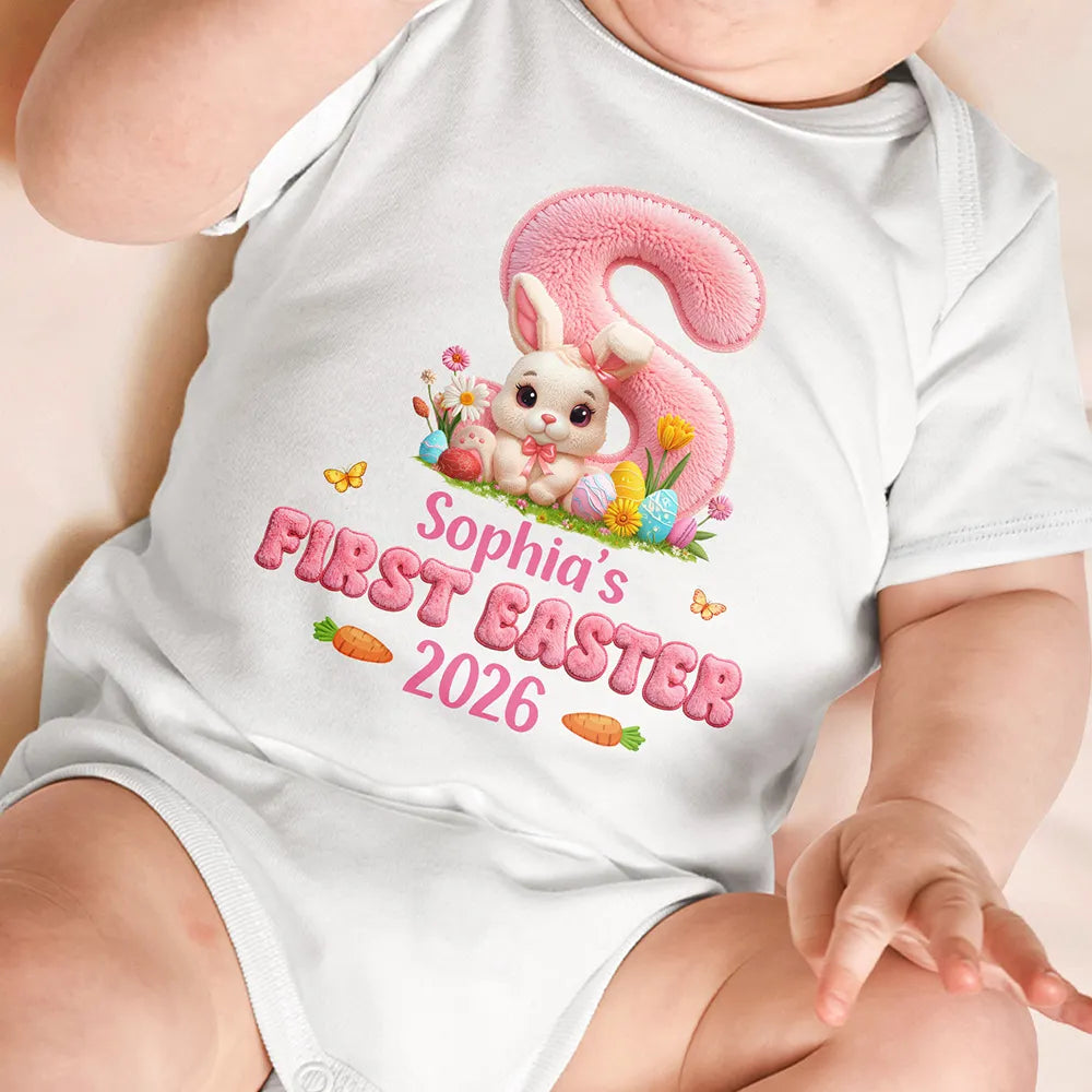 Personalized First Easter Baby Bodysuit Faux Chenille Bunny Alphabet Letters - Personalized Baby Onesie Newborn Easter Gift