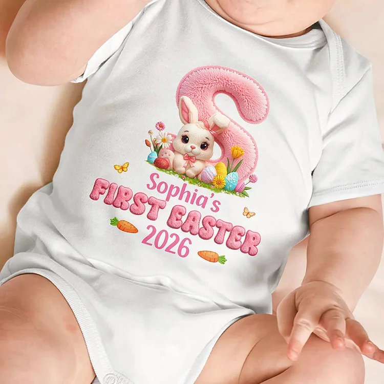 Personalized First Easter Baby Bodysuit Faux Chenille Bunny Alphabet Letters - Personalized Baby Onesie Newborn Easter Gift