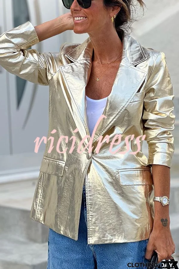 Sparkle Style Metallic Fabric Pocketed Lapel Blazer