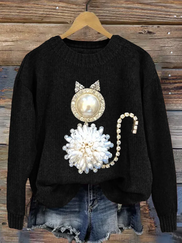 Comstylish Vintage Jewelry Cat Art Cozy Knit Sweater