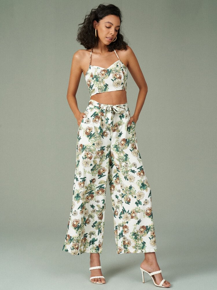 Tropical Flower Print Self Tie Halter Backless Two Pieces Suit - Life is Beautiful for You - SheChoic