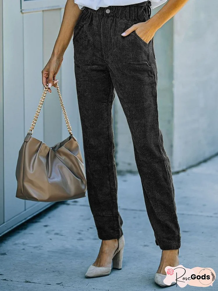 Pants Corduroy Pocket Buttons Elasticated Casual Pants for Women