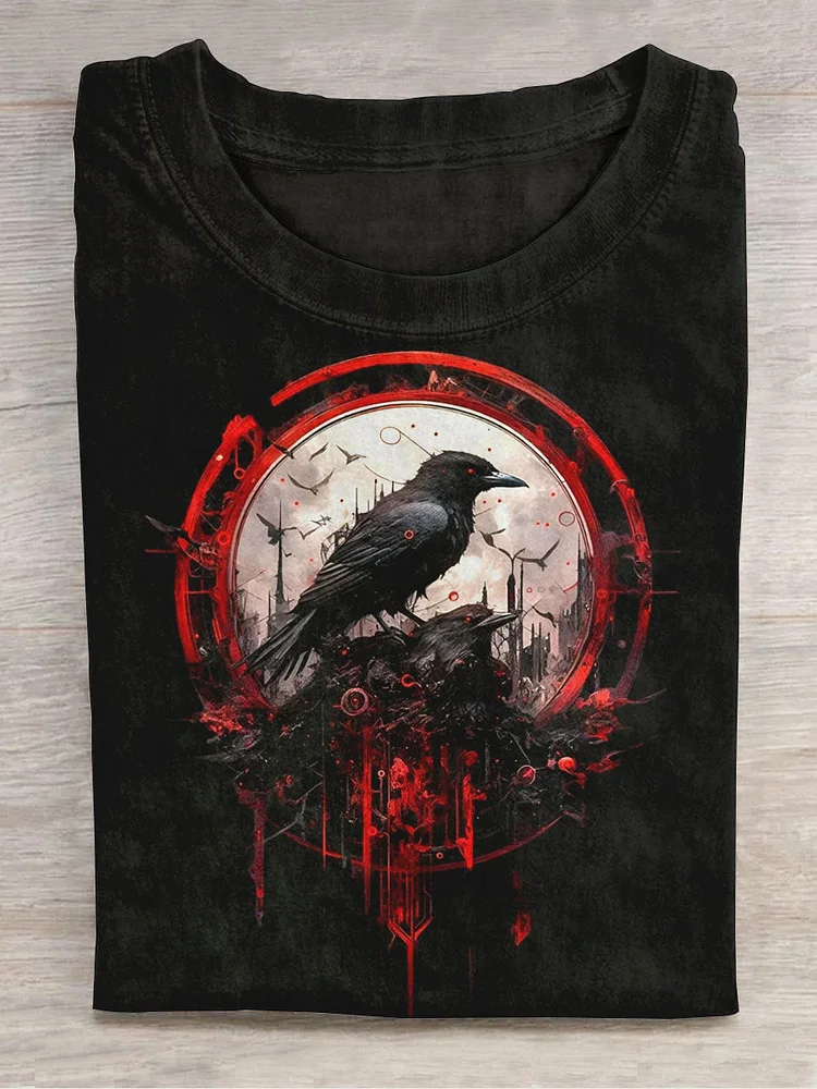 Unisex Raven Art Print Crew Neck Short Sleeve T-Shirt