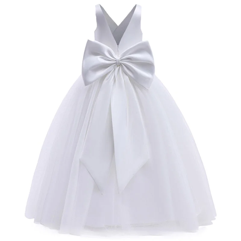 Elegant Girls Big Bow Dress Teen Girl White First Communion Ceremony Long Robe Clothing Kids Bridesmild Summer V-Neck Vestidos