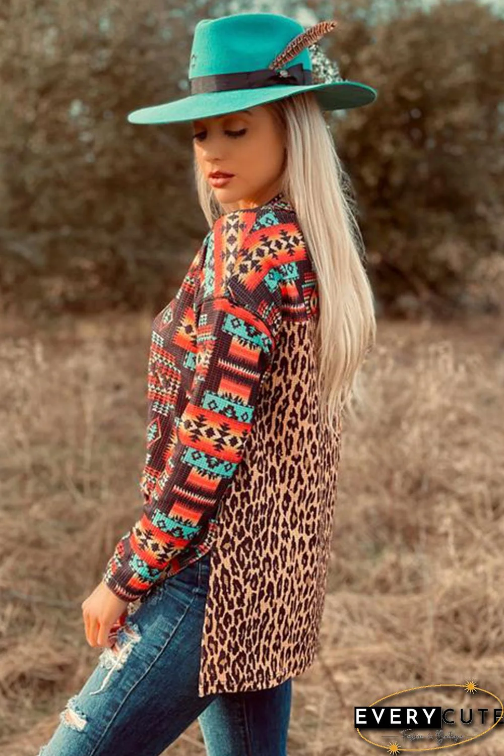 Multicolor Aztec Leopard Patchwork Side Split Pullover Top
