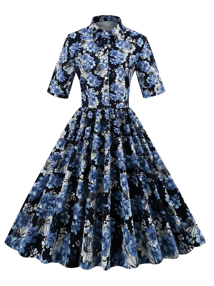 1950s Floral Shirt Collar Swing Dress