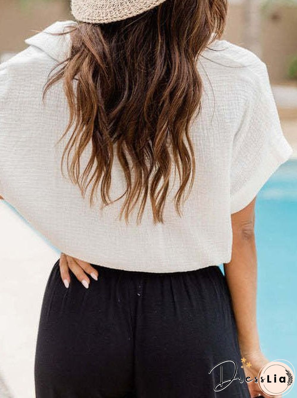 Women'S Blouses Drawstring Button Crop Short Sleeve Blouse