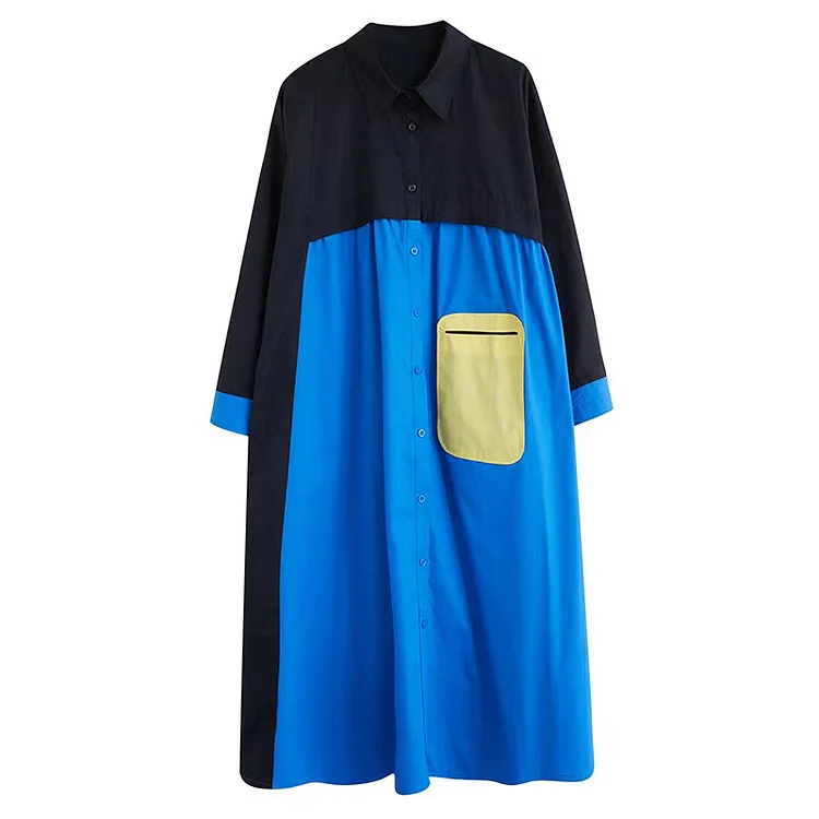 Fashion Lapel Patchwork Contrast Color Long Sleeve Dress 