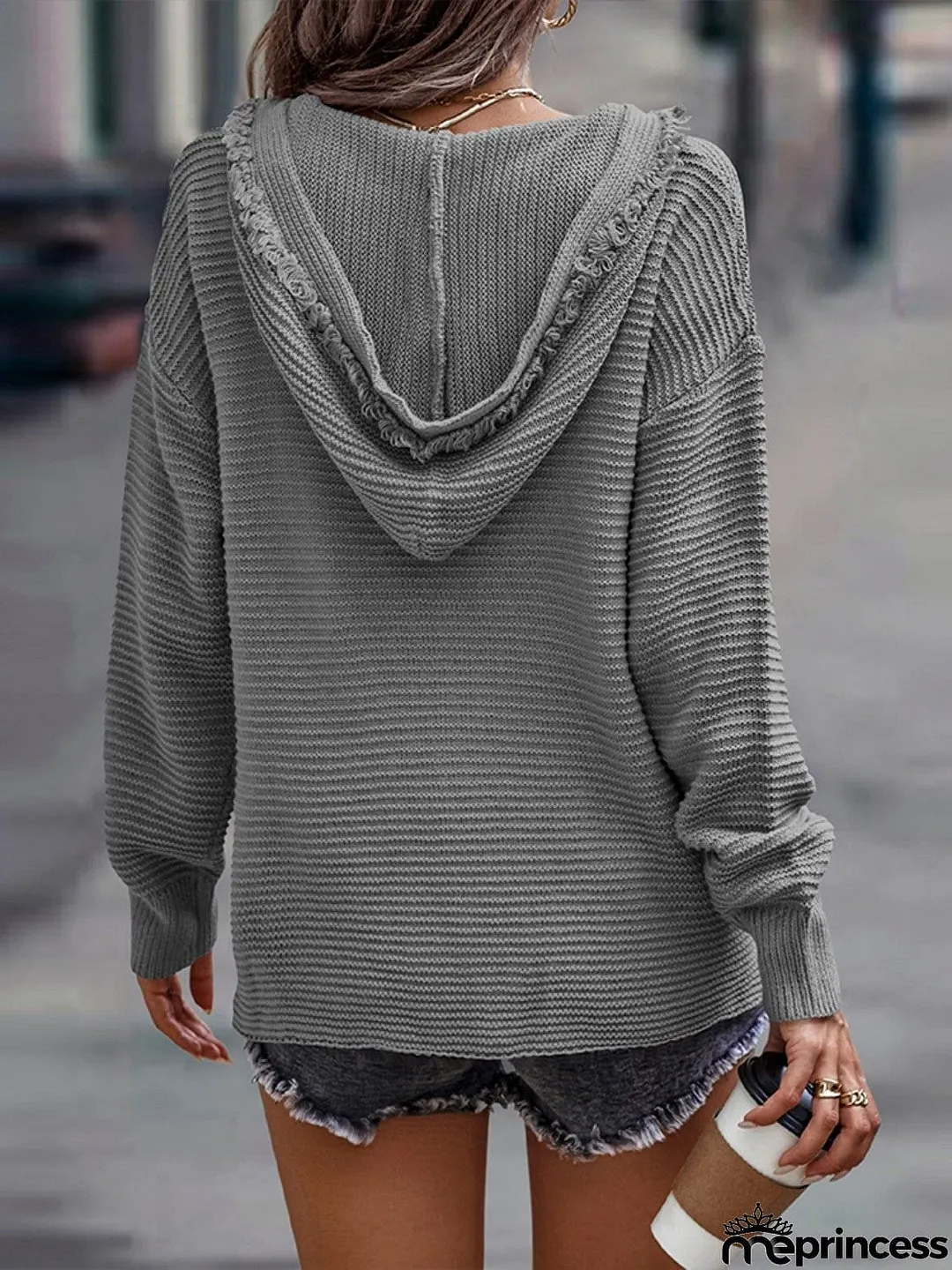 Horizontal Ribbing Hooded Sweater