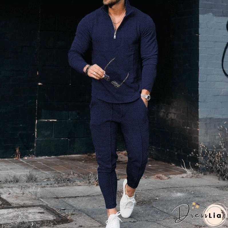 Men's Activewear Casual Half Zip Stand Collar Long Sleeve Pullover T-Shirt and Pant Set Men's Streetwear Solid Color 2 Piece Set