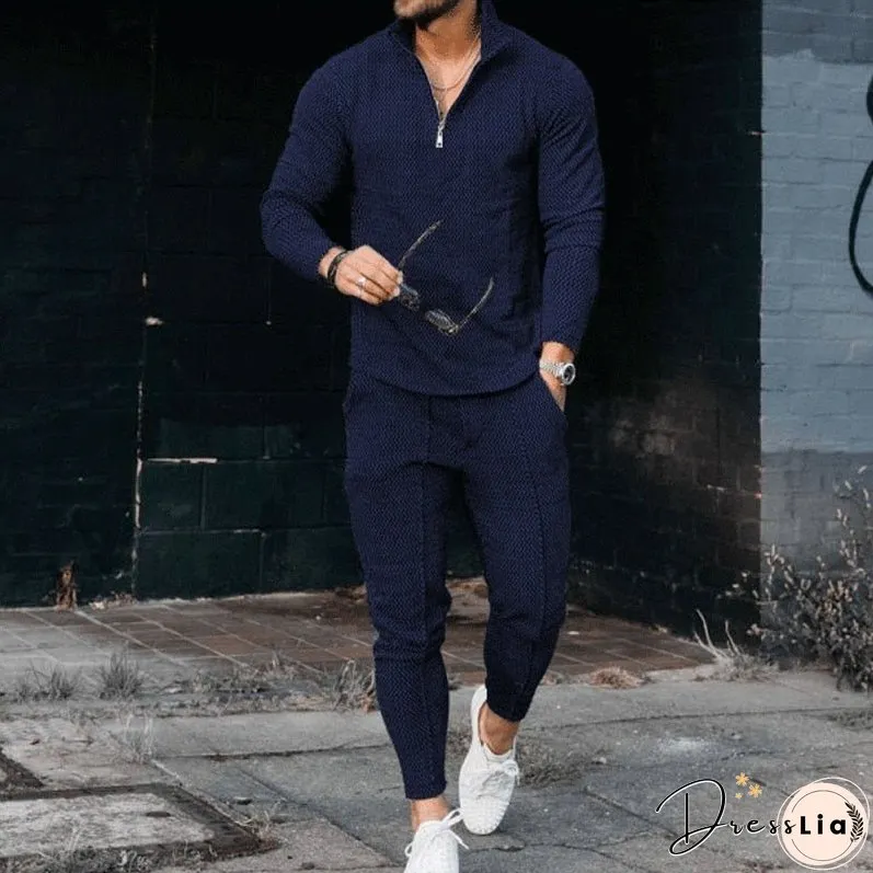 Men's Activewear Casual Half Zip Stand Collar Long Sleeve Pullover T-Shirt and Pant Set Men's Streetwear Solid Color 2 Piece Set
