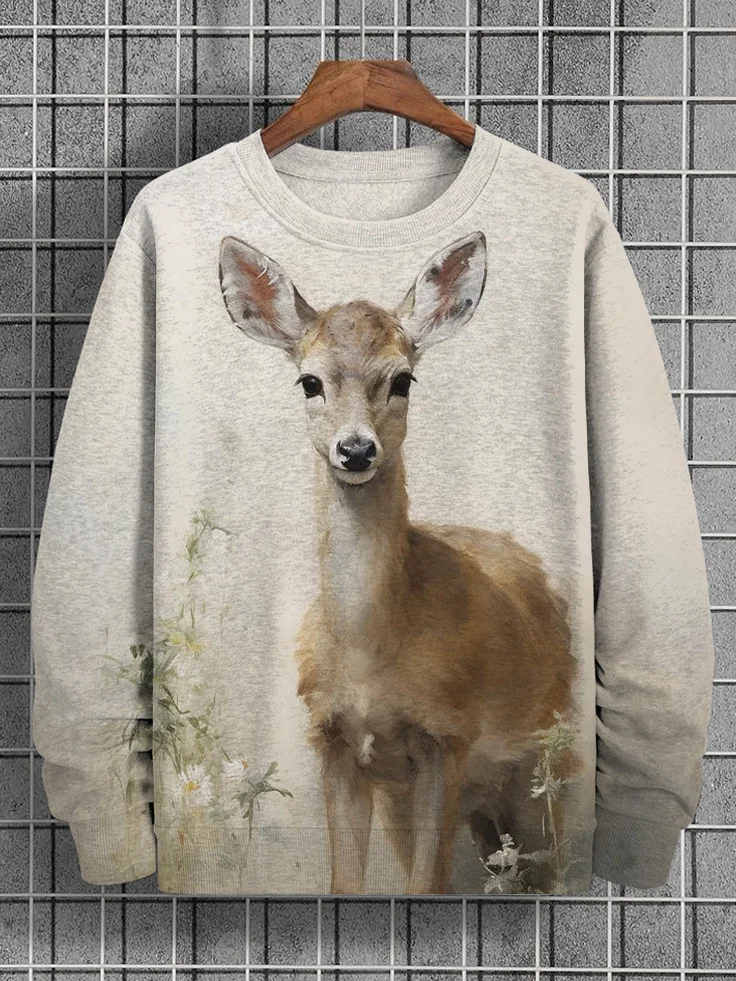 Men's Vintage Woodland Wild Deer Print Casual Sweatshirt