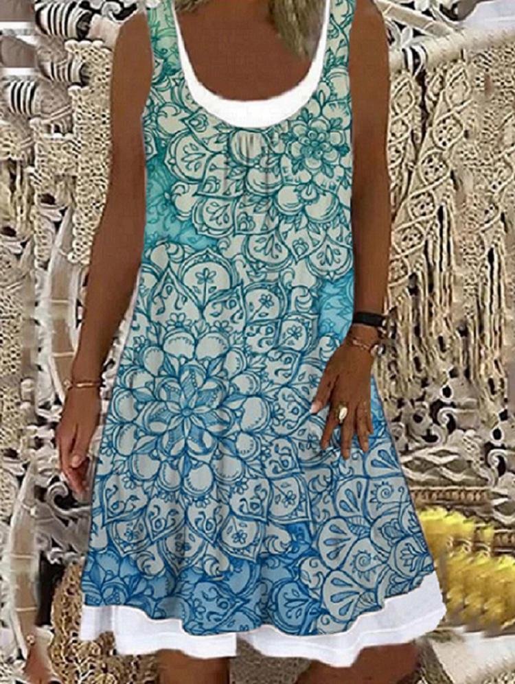 Women's Sleeveless Scoop Neck Floral Printed Fake 2-Piece Mini Dress
