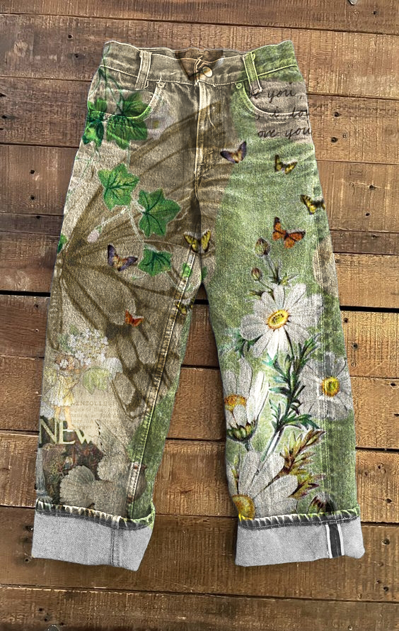 Women's Butterfly Floral Vintage Print Straight Pants socialshop