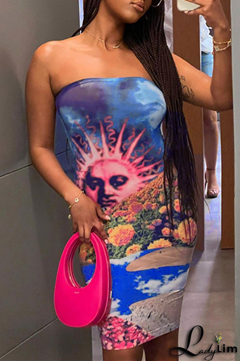 Multicolor Fashion Sexy Print Backless Strapless Sleeveless Dress