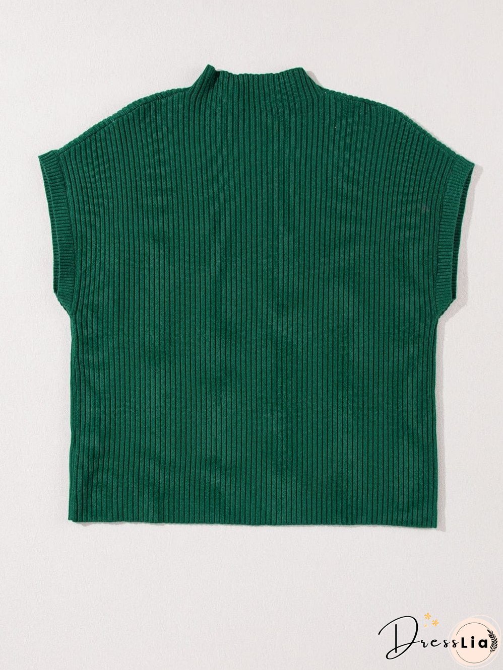 Green Ribbed Knit Short Sleeve Sweater with Patch Pocket