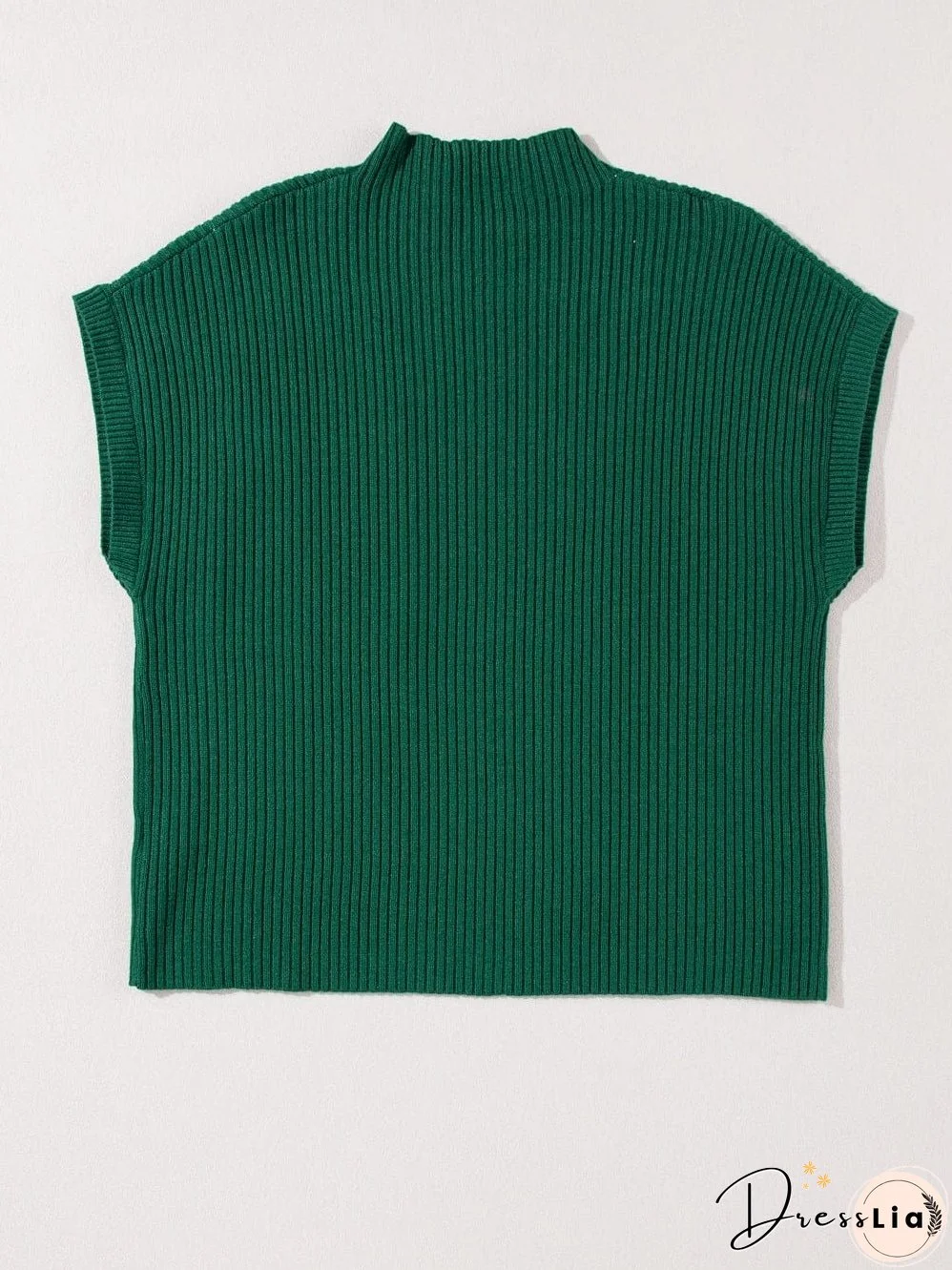 Green Ribbed Knit Short Sleeve Sweater with Patch Pocket