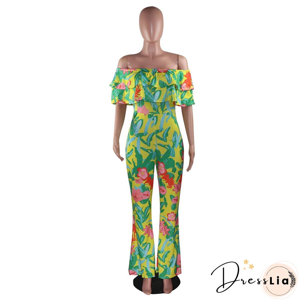 Sexy Off Shoulder Ruffles Floral Printed Wide-legs Jumpsuit