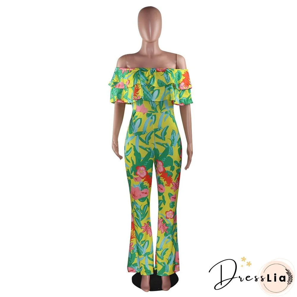 Sexy Off Shoulder Ruffles Floral Printed Wide-legs Jumpsuit