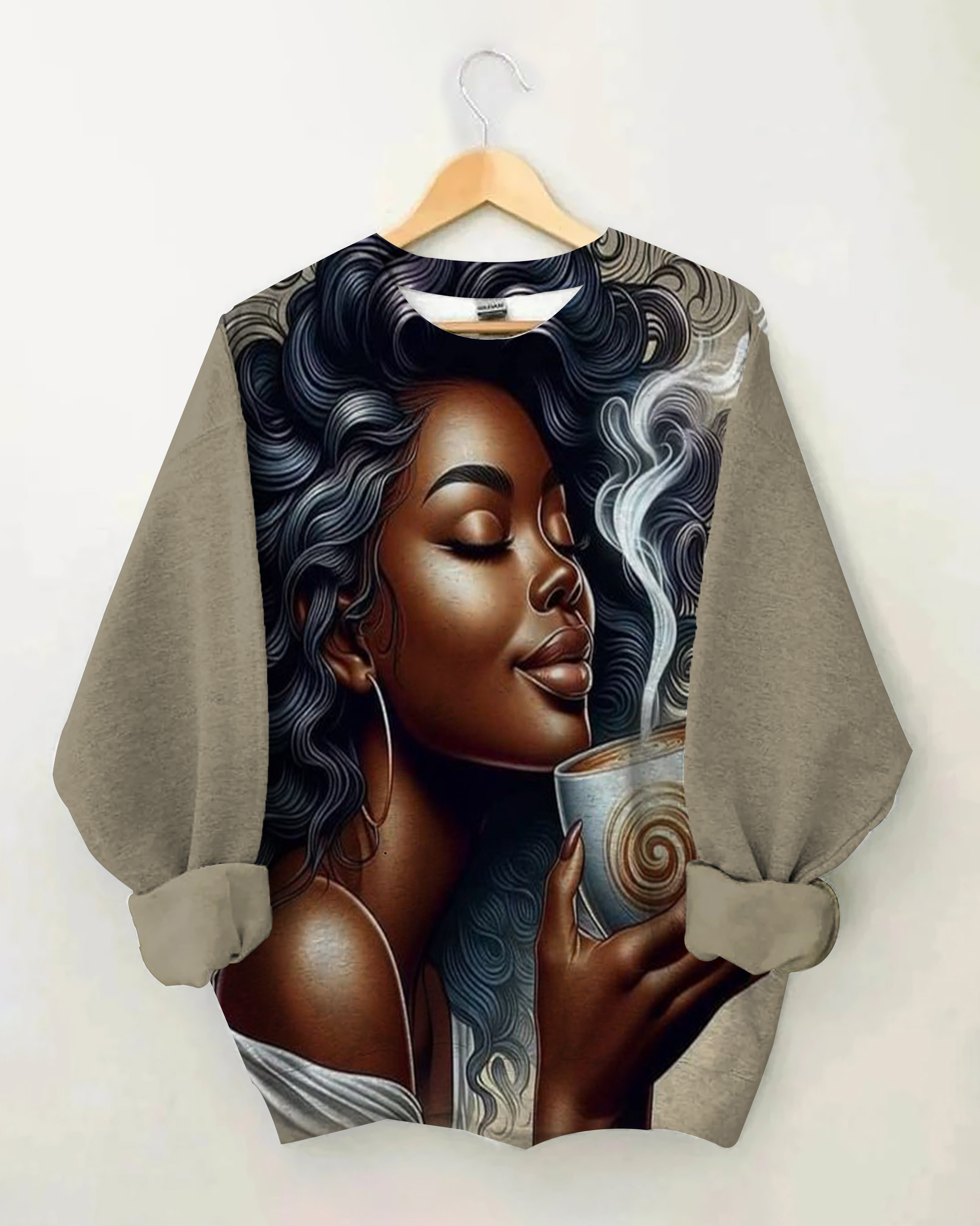 Cartoon Coffee Black Girl Printed Crew-neck Long Sleeve Top