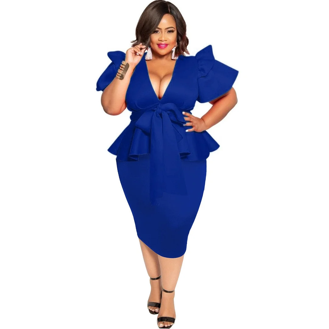 CM.YAYA Women Dress Plus Size Solid Short Sleeve Ruffles V-neck Sheath Elastic Mid Calf Pencil Dresses Office Lady Fashion Dress