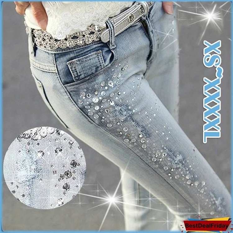 Newest Women Fashion Diamond Drilled Hole Jeans Woman Pencil Pants Women Jeans Ripped Denim Trousers With Rhinestone Denim Pants Lager Size Women Jeans