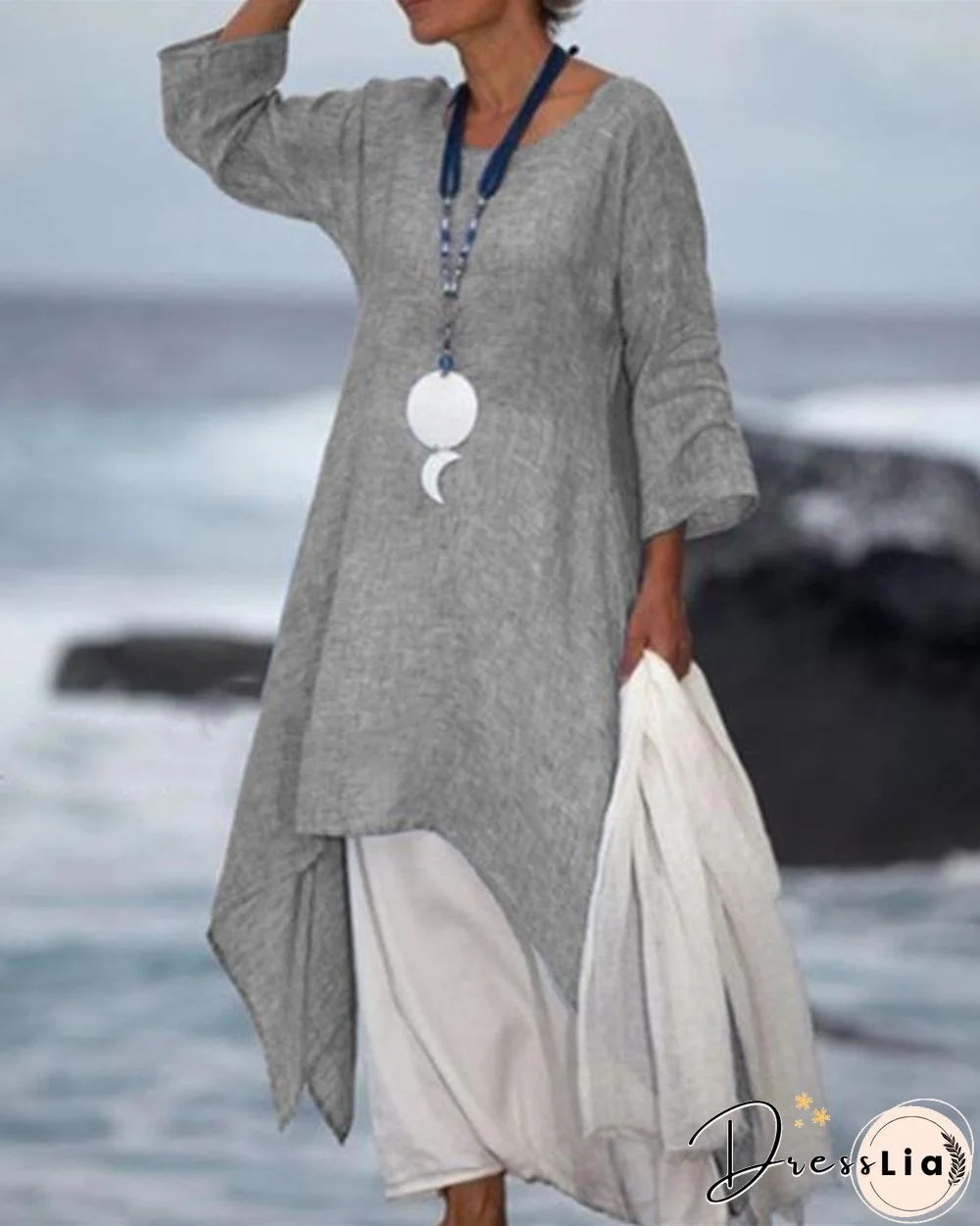 New Solid Color Linen Dress Loose Long-Sleeved Cotton Dress