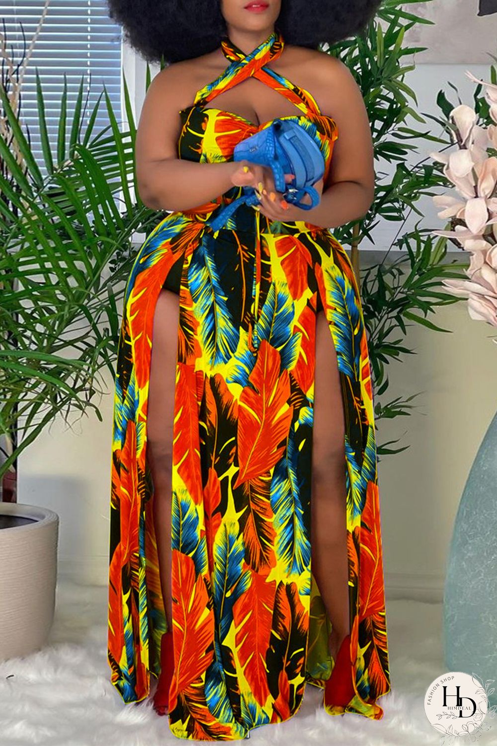 Yellow Fashion Sexy Plus Size Print Backless Slit Halter Sleeveless Dress