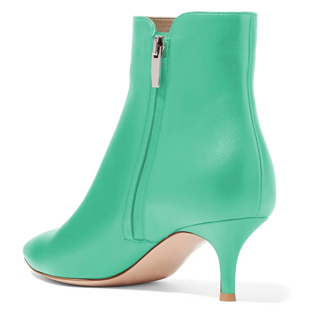 Turquoise Faux Leather Pointed Toe Side Zipper Kitten Heeled Booties