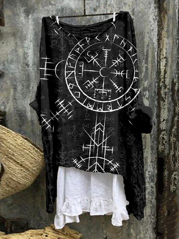 Comstylish Viking Compass Vegvisir Graphic Linen Blend Tunic