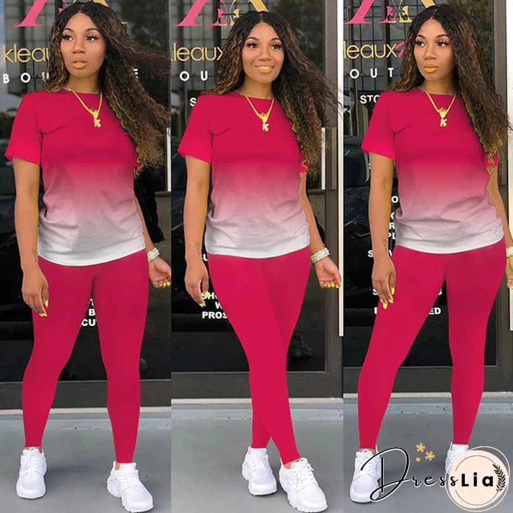 New Women's Fashion Gradient Short Sleeve Top and Pants Casual Sportswear Suit Two-piece Suit Plus Size