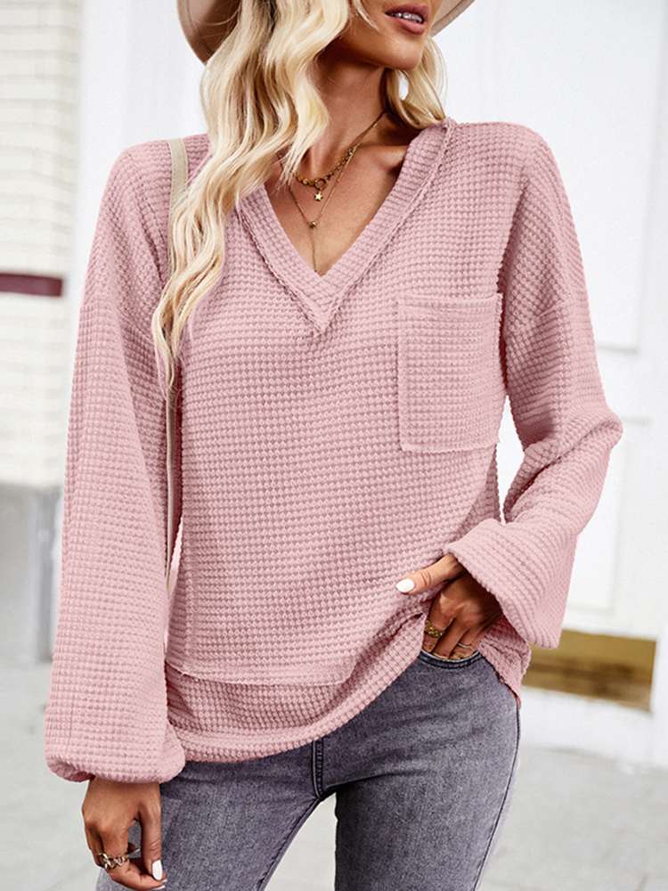 ZANZEA  New Autumn Pockets Tunics Women Waffle Tops V-neck Long Sleeve Blouse Casual Loose Solid Color Blusas Femme