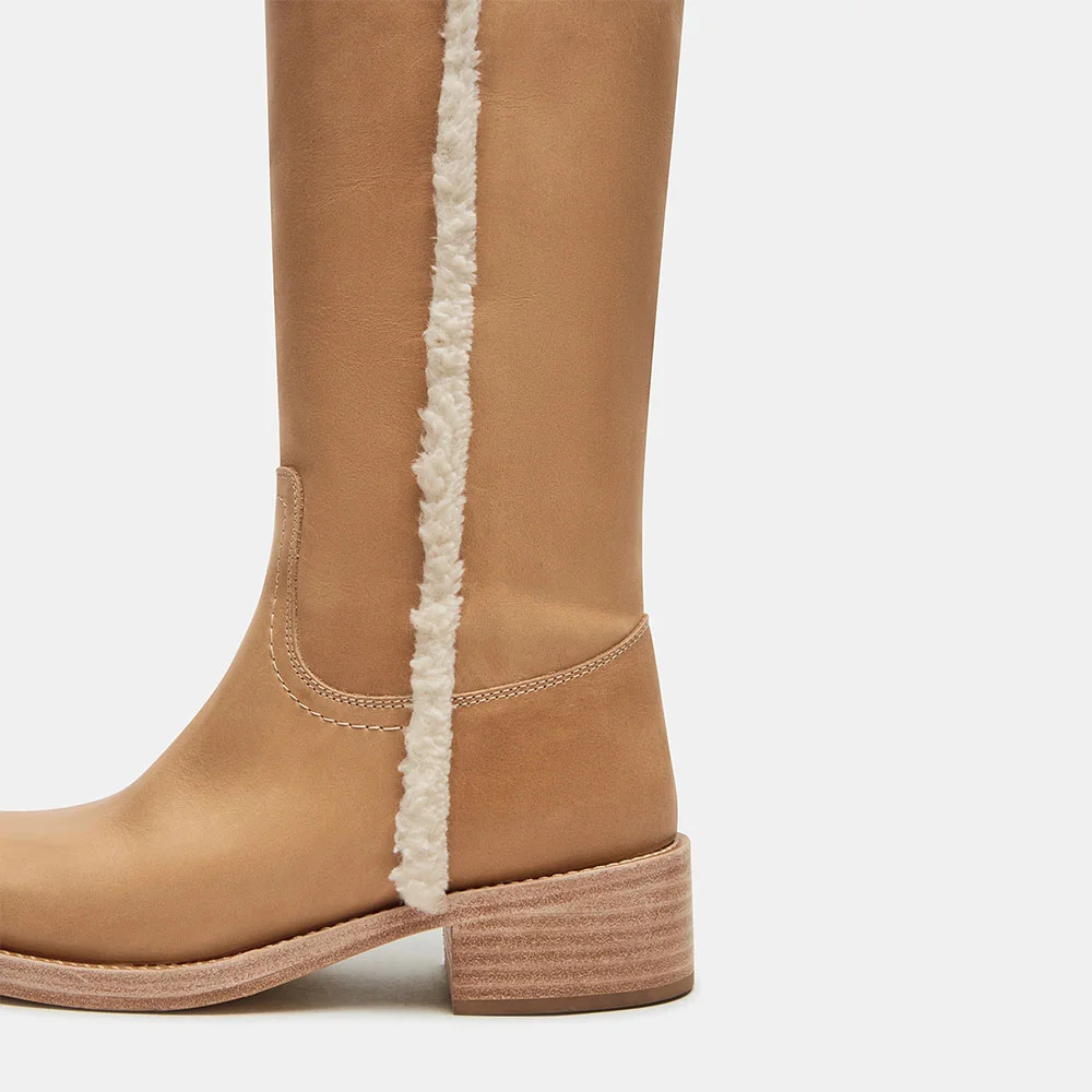 Tan Round Toe Furry Edge Slip On Knee-High Heel Boots for Women
