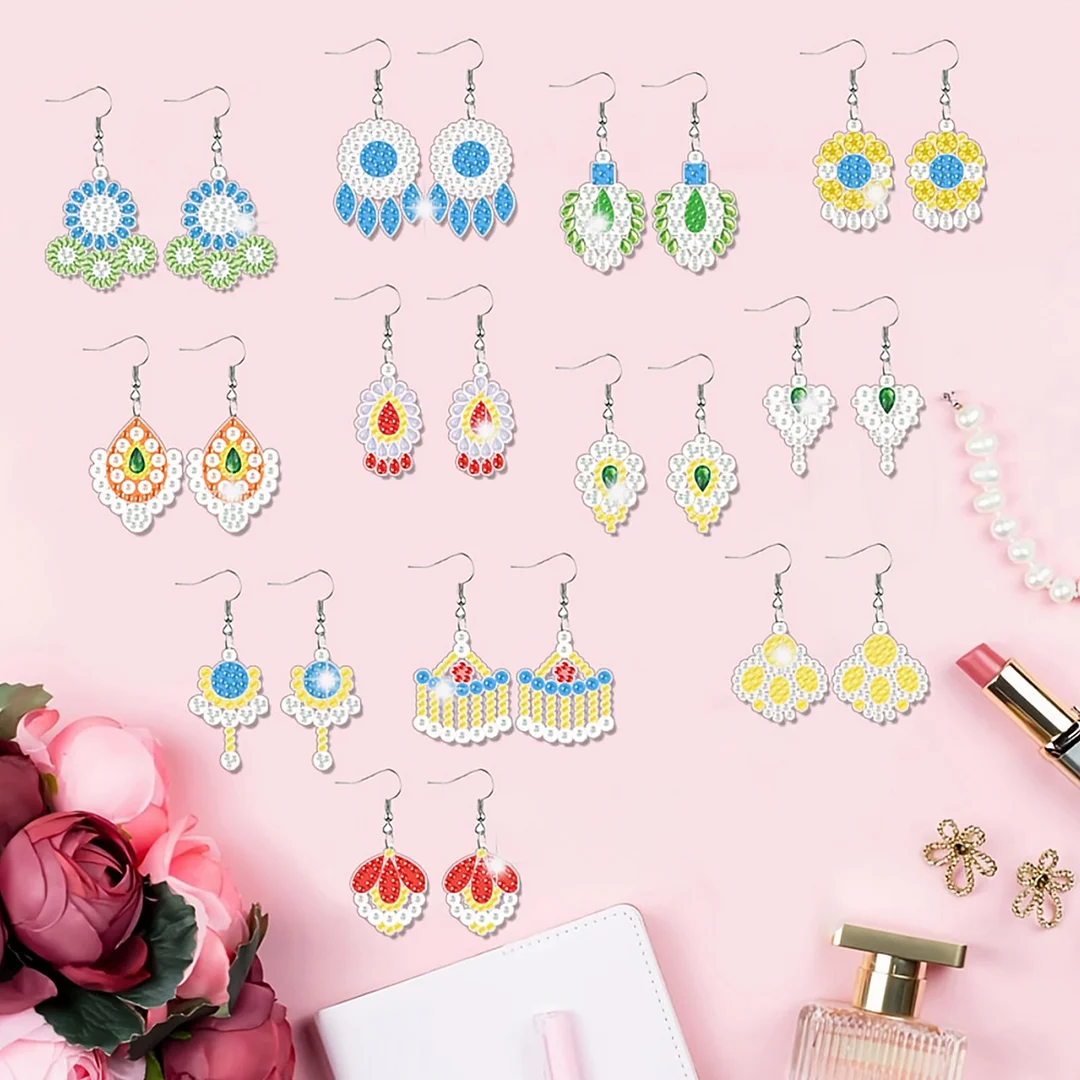 12 Pairs Flower Diamond Painting Earrings DIY Diamond Art Earrings for Adults