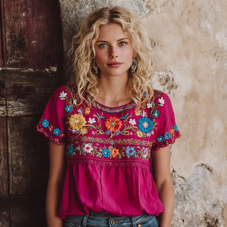 Women's Retro Bohemian Floral Pattern Embroidered Casual Linen T-shirt