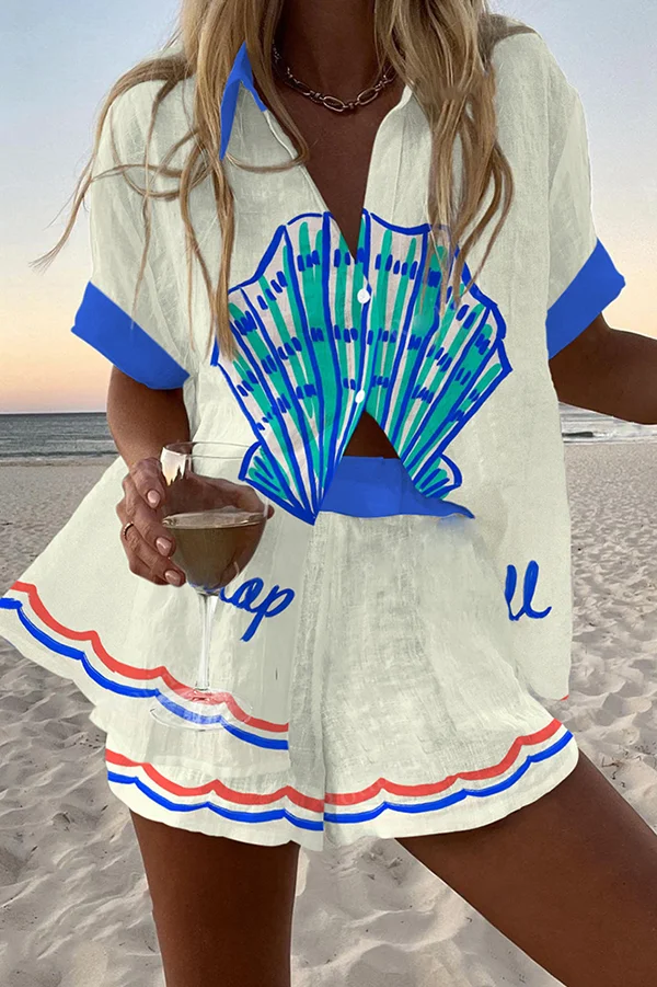 Large Shell Print Loose Button Elastic Waist Shorts Set