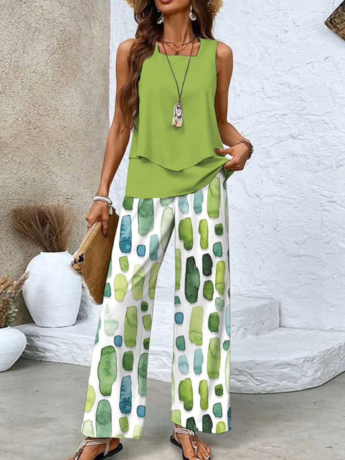 Women's Sleeveless Square Collar Graphic Printed Casual Set